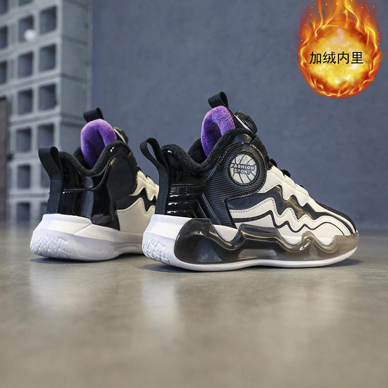 Middle and older children's shoes basketball shoes running shoes sports shoes rotating buckle light bottom autumn and winter waterproof leather sur