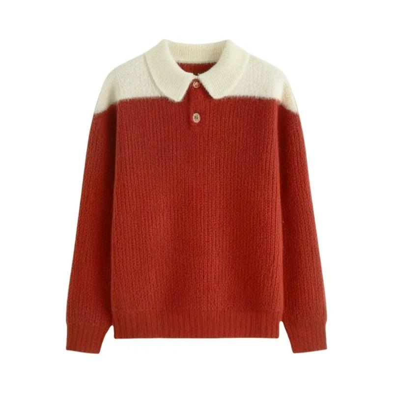 Orange Revers Verdicktes Gestricktes Unterziehshirt Damenpullover Herbst und Winter Pullover Kontrastfarbe Mode Oberteil