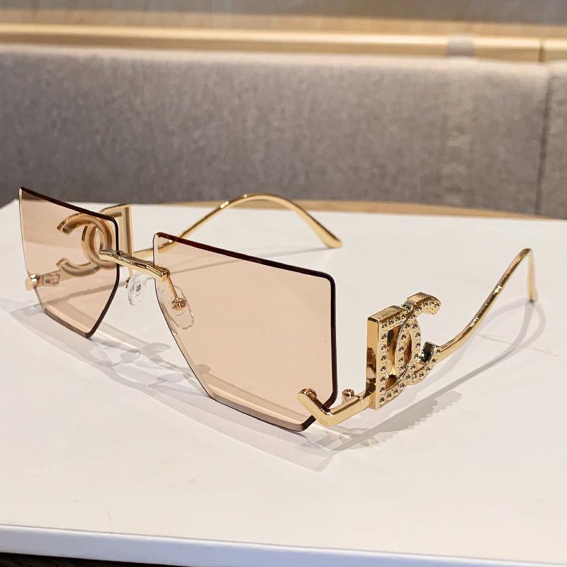 Women's Rimless Large Square Sunglasses with Metal Lettered Temples - Stylish and Popular Mirror Design