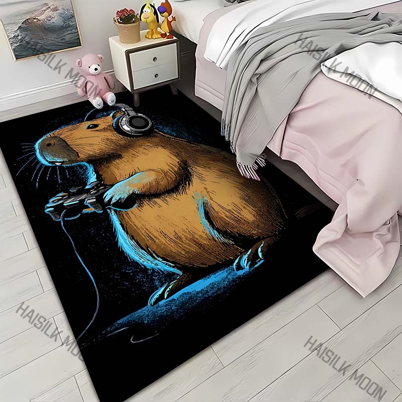 

1PC Capybara gaming with headphones Carpet for Living Room Bedroom Sofa Home Decor Rus Non-slip Floor Mat Luxury Gift 40cm x 60cm