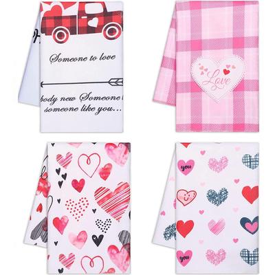 Heart Print Kitchen Towel - Valentine's & Mother's Day Pink Plaid Dish Cloth