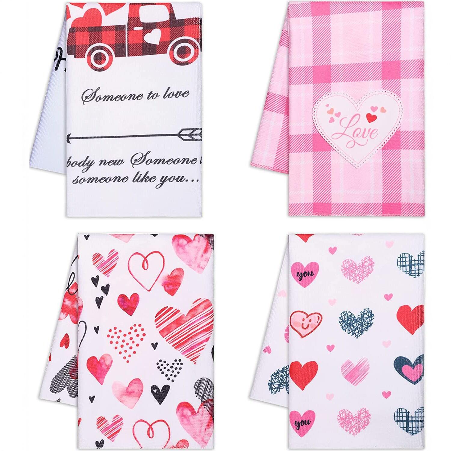 Heart Print Kitchen Towel - Valentine s & Mother s Day Pink Plaid Dish Cloth 30x40cm Towel