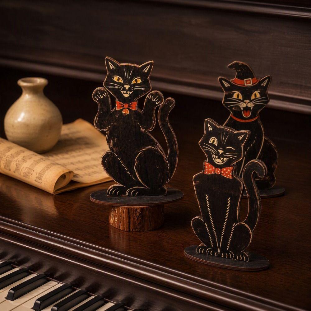 3 Pcs Vintage Sitting Cat Statue Wooden Cat Decorative Plaques Desktop Ornaments Halloween Party