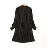 Export Fashion OEM Goods French Style Retro V-neck Noil Poplin Dress Loose Slim Looking Ruched Artificial Cotton Black Dress