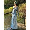 Cool gentle wind blue v-neck hollow print long-sleeved dress beautiful and unique waist-wrapped hip long skirt