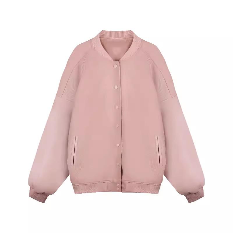

Women s Plus Size Pink Long Sleeve Baseball Jacket - Thickened Spring/Autumn Design, Fits Up to 200 Jin, Loose Fit L