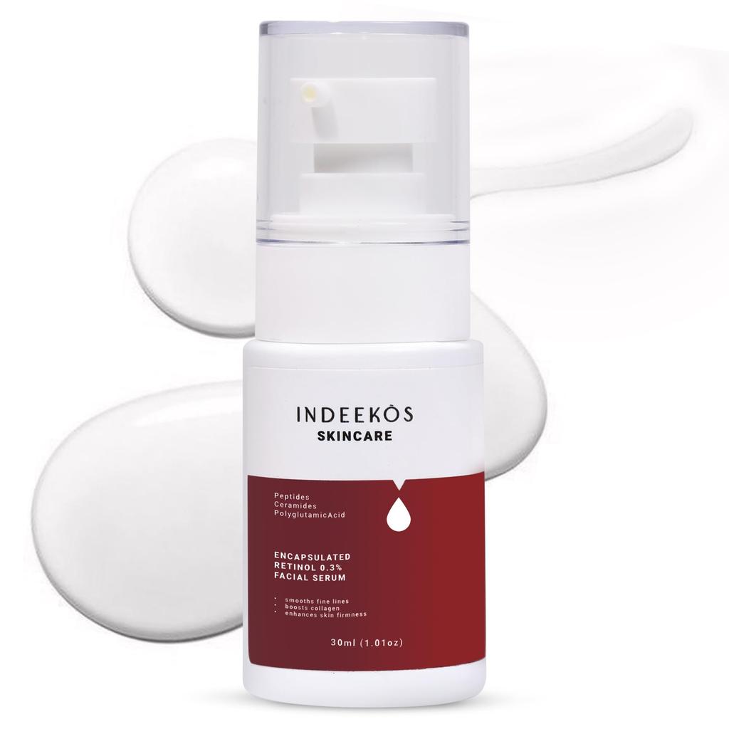 INDEEKOS 0.3% Encapsulated Retinol Face Serum, Reduces Fine Lines, Wrinkles & Uneven Skin Tone, Boosts Glow, With Peptides, Ceramides and Polygluta