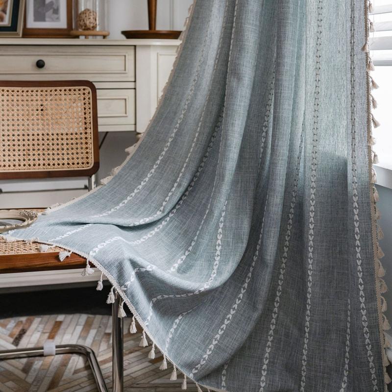 Curtain Half Blackout Cotton Linen Stripe Embroidery Orange Tassel American Curtain for Bedroom Bay Window Curtain Finished