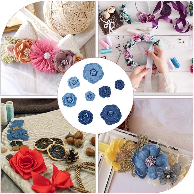 3/5Pcs 3.5/4.5/5/7/7.5CM Denim Artificial Blue Fabric Camellia Flower for Wedding Decor Women Handmade Cloth Corsage Accessory