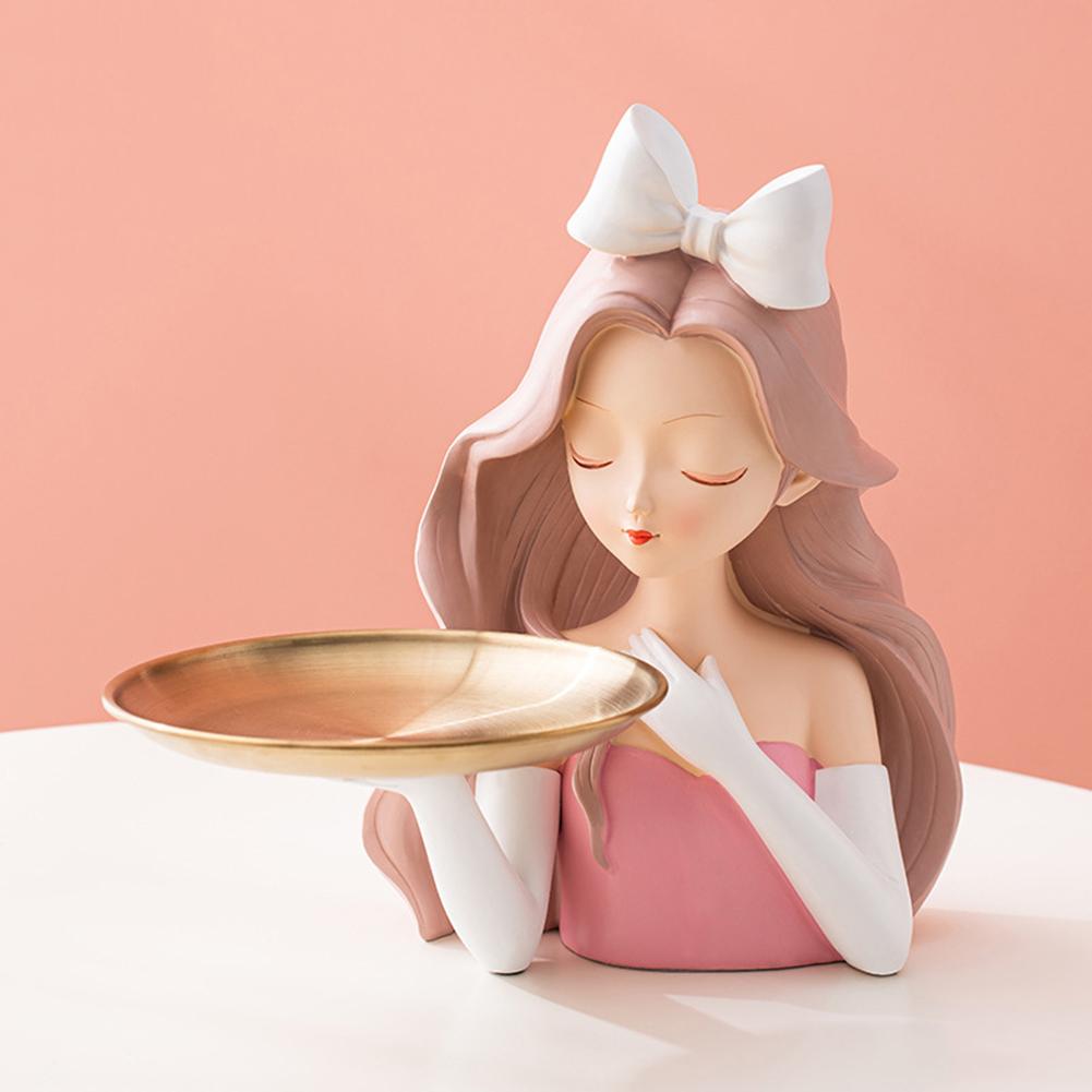 Cute Girl Key Holder Figurine Entrance Crafts Resin Table Sculpture Candy Sundries Household Supplies for Office Coffee Shop