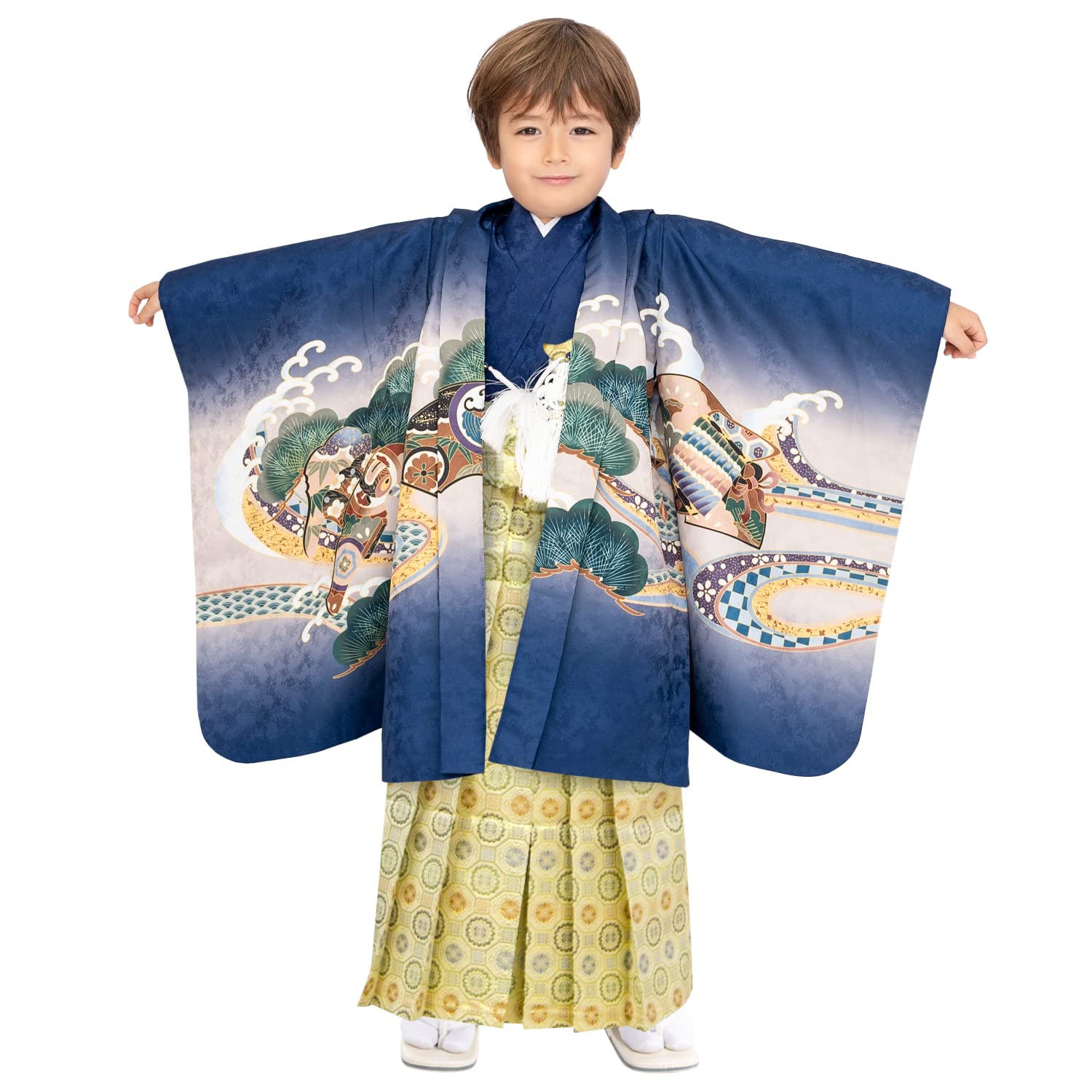 

Кімоно для хлопчиків 5 років Hakama Set Ewa Pattern Hakama Years Gold [KYOETSU] Shichi-Go-San (Розмір 5, 4-темно-синій-Takakabuto (Парча Хакама))