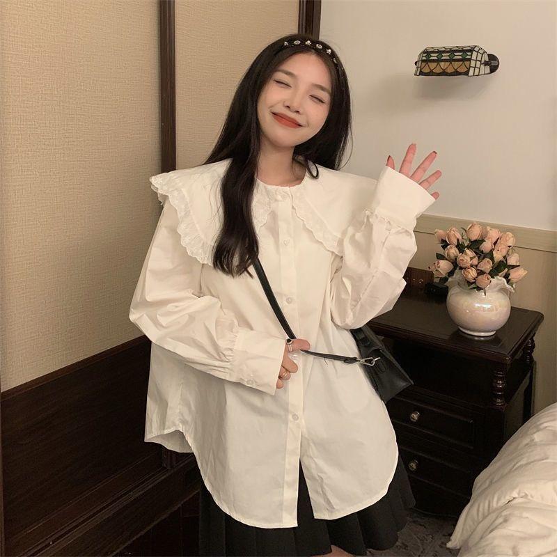 Solid Color Women's Shirt French Style Peter Pan Collar Single Breasted Female Long Sleeved Shirts Spring New Loose Sweet Ladies Front Open Top