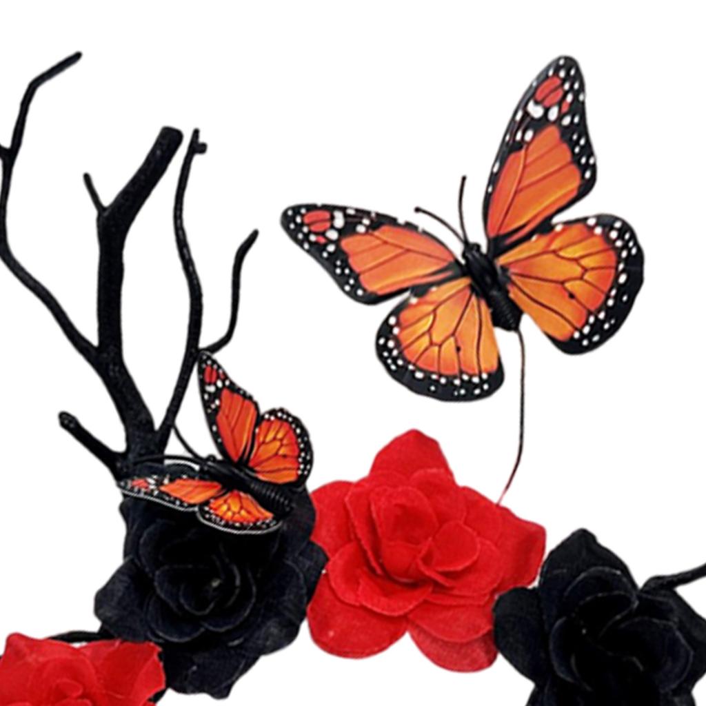 Halloween Deer Antlers Headband With Bat Butterfly Detail And Black Floral Branch Hair Ornament For Costume Parties