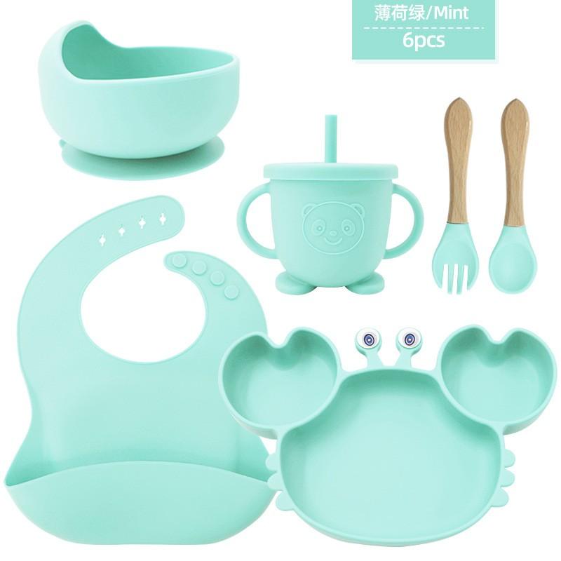 Silicone Dinner Plate Set Baby Children Learning To And Drink Feeding Tableware Baby 6pcs  Crab Compartment Food Bowl