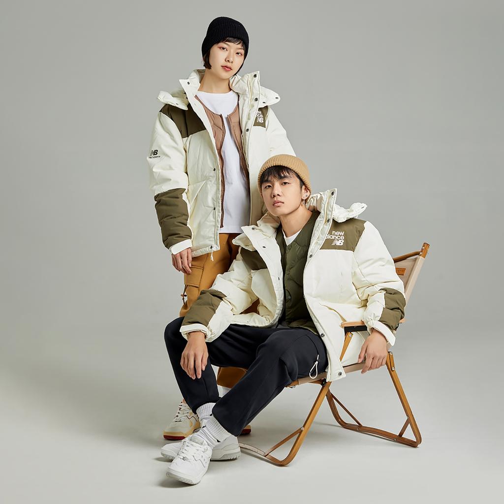 New Balance Windproof Hooded Down Jacket Asia Sizing 'White Olive Green' Unisex AMJ24377-CIC