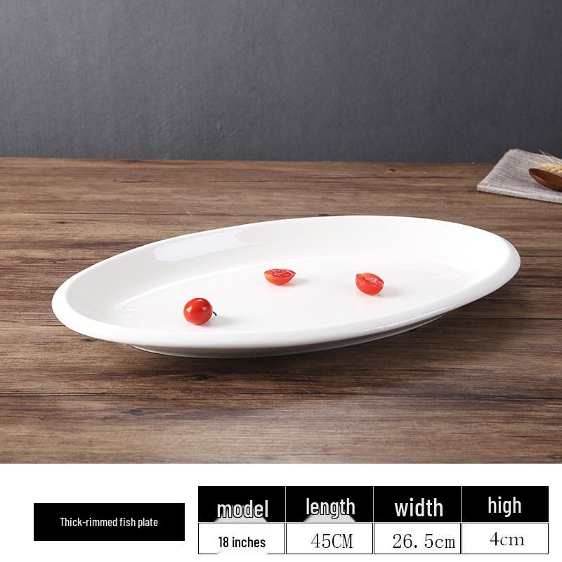 Extra Large Oval Thickened White Ceramic Fish Plate for Commercial Restaurant or Hotel Use