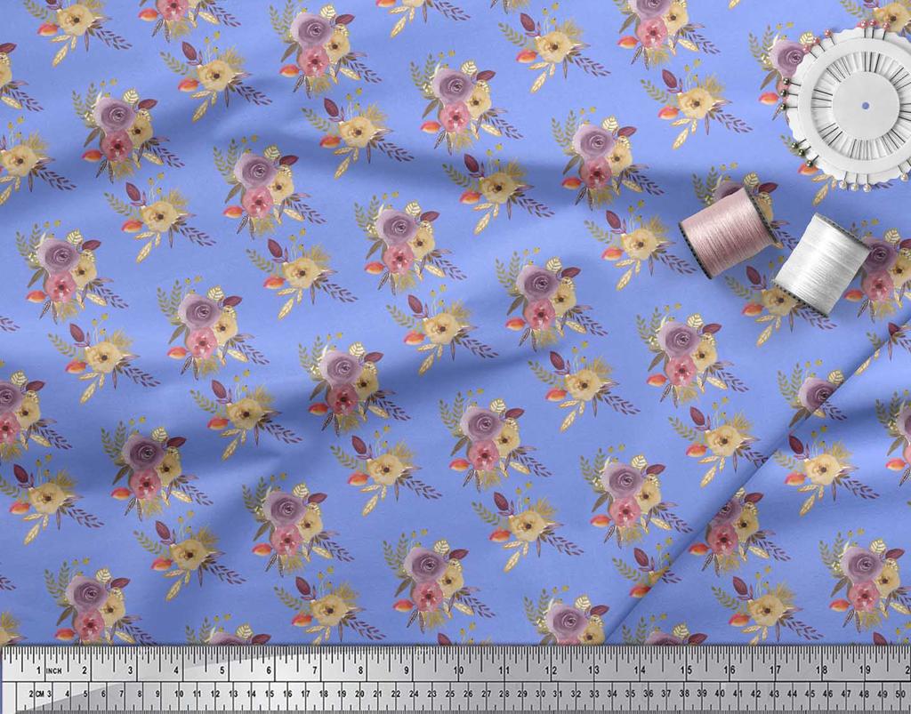 Soimoi Blue Japan Crepe Satin Fabric Leaves & Ranunculus Floral Print Fabric by Metre 42 Inch