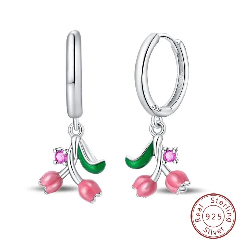 New 925 Silver Bee Butterfly Pink Lily Lotus Earrings for Women Cherry Apple Strawberry Ear Studs Elegant Party Jewelry