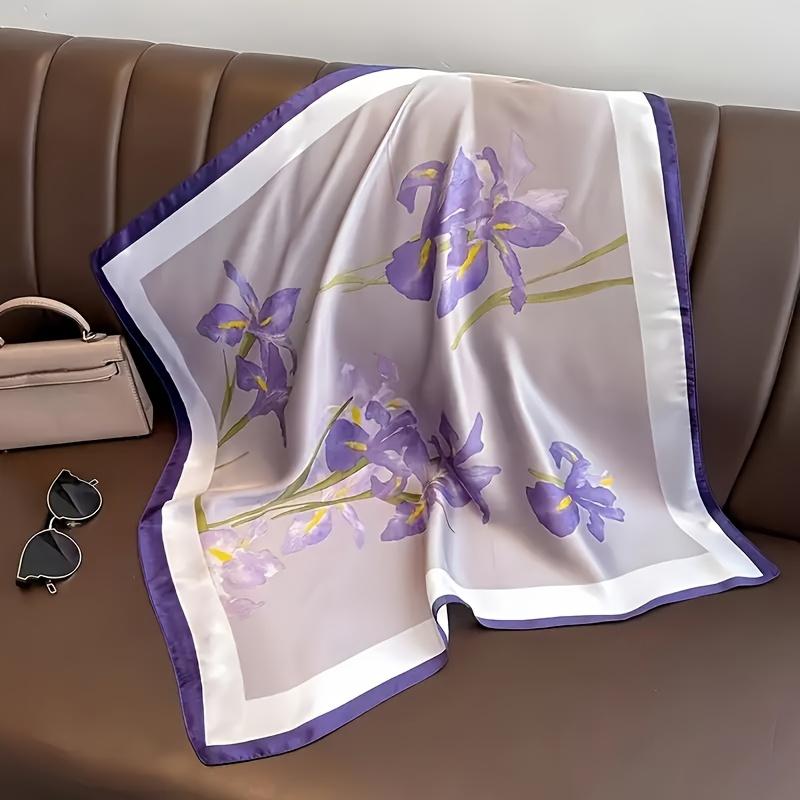 Elegant Lavender Print Shawl Square Scarf for Women Satin Fashion Wraps Neckerchief Female Hair Bands Ribbon Headband Bandana