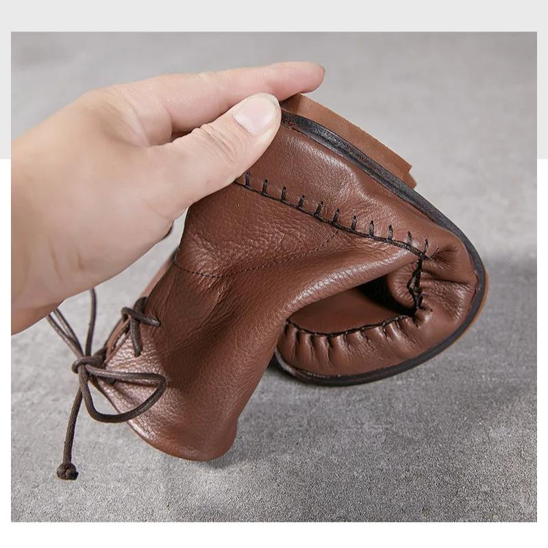 Johnature Handmade Sewing Genuine Leather Women's Boots Retro Warm Plush Flat Mid-calf Boots