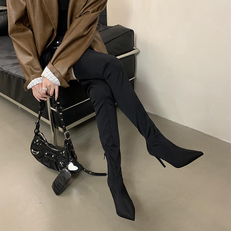 Mi Ting European and American knee boots autumn and winter 2025 black pointed head tall tube big long legs high heels elastic thin boots