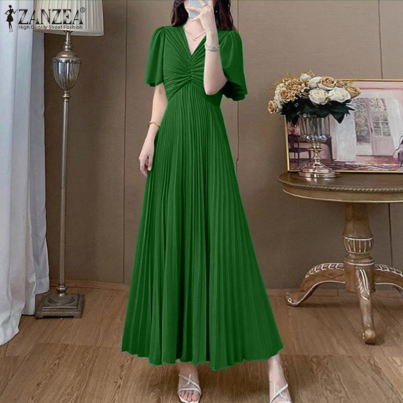 ZANZEA Women Casual V-Neck Summer Short Sleeve Long Dress