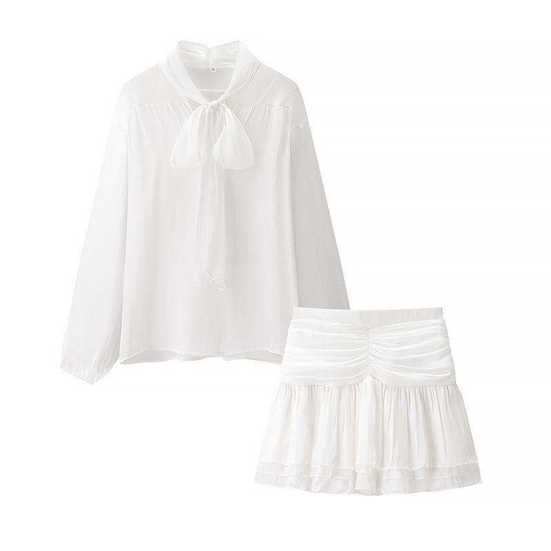 

Kaslead Новая женская одежда Западный стиль Блузки с бантом Приталенная Юбка миди из двух частей White L