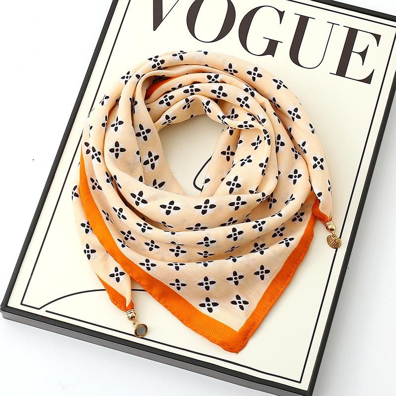 Women's 65" Silk Square Scarf with Magnetic Buckle – Autumn/Winter Print, Fashionable & Versatile Triangle Snood