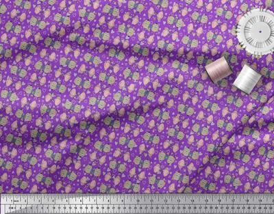 Purple Japan Crepe Satin Fabric Hearts & Owl Bird Print Fabric by Metre 42 Inch