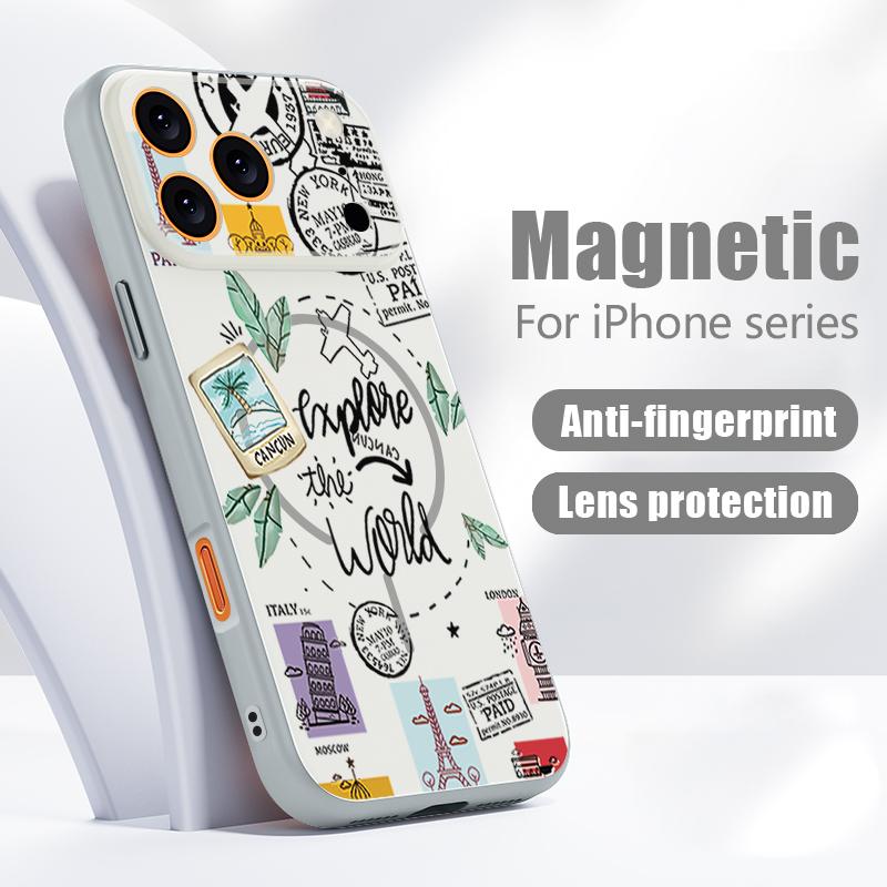 Travel Label Landmark Pattern Case For iPhone 17 Pro Max Magnetic For Magsafe Skin Feeling Cover For iPhone 16 15 14 13 Pro Max