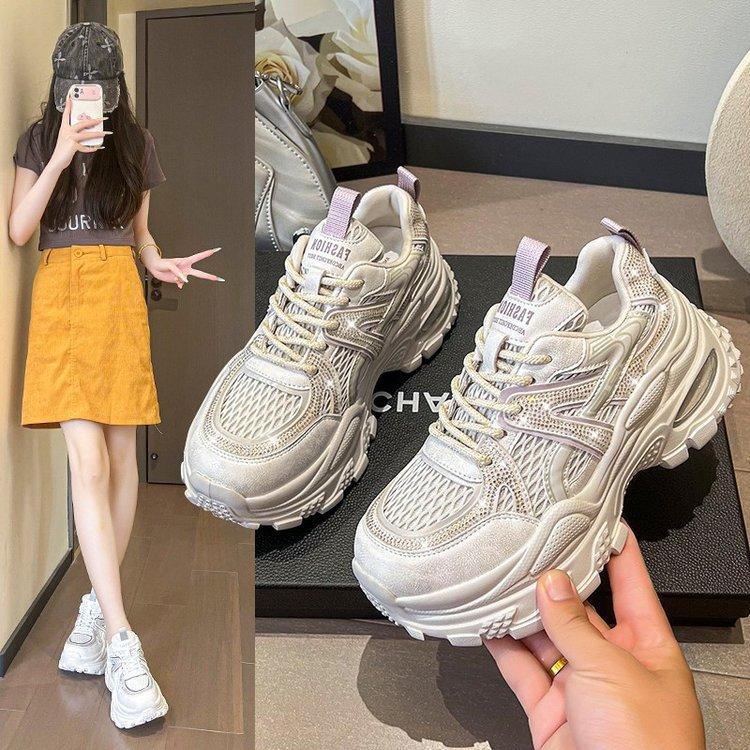 Leather Version~ Rhinestone Hollow Dad Shoes Women's 2025 Thin Breathable Mesh Women's Shoes Small Height-increasing Sneakers