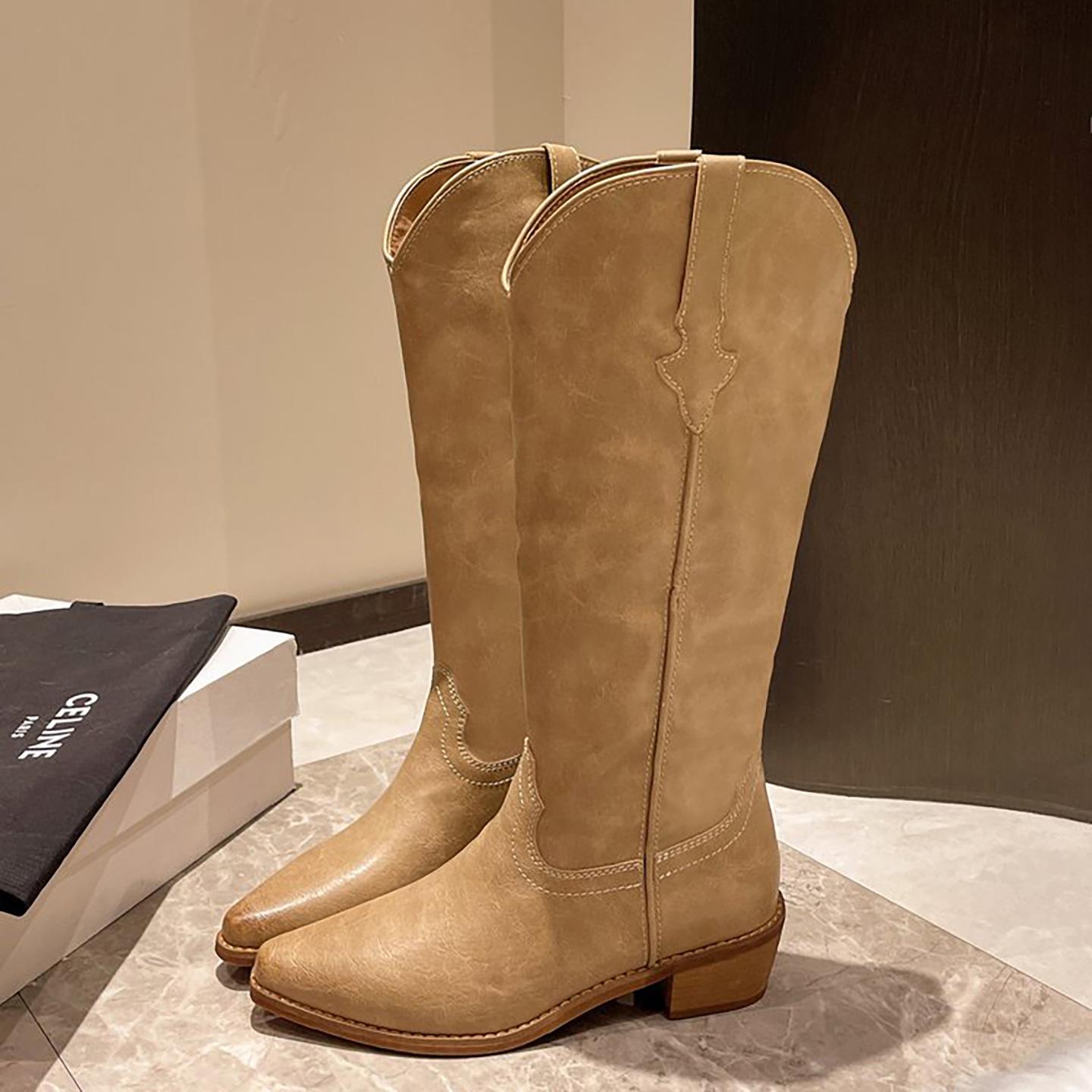 

Ретро премиум ботильоны на толстом каблуке с острым носком в стиле вестерн ковбойские женские 2025 новые летние универсальные ботильоны Маллард 42 хаки