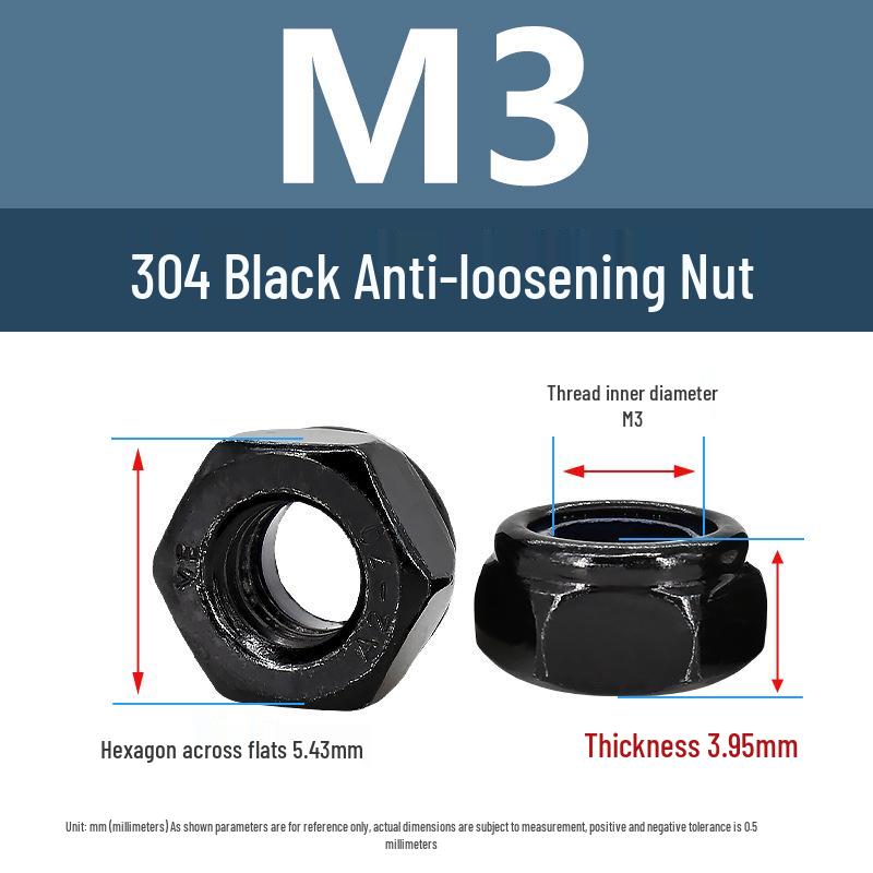 Black Anti-Loosening Locking Hex Nut (M2-M14) - 304 Stainless Steel