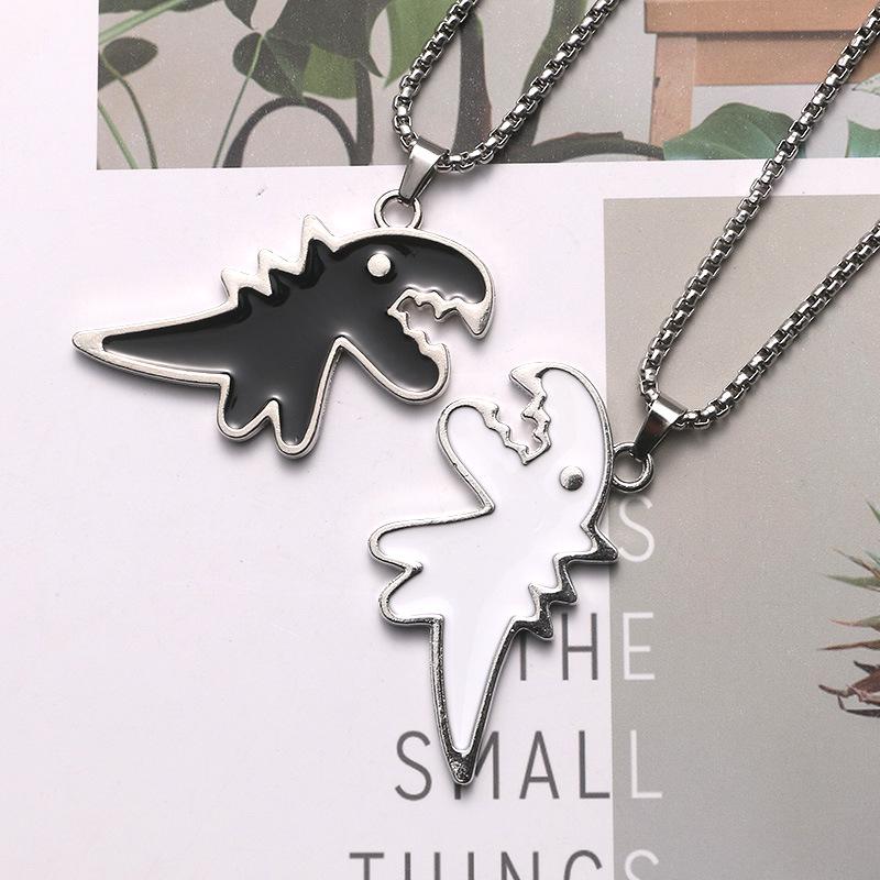 Black & White Dinosaur Pendant Oil Drip Necklace - Fade-resistant Cute Animal Sweater Chain for Couples (Unisex, Fall/Winter).