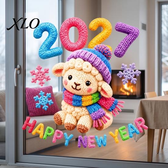Shop Window Display Supplies Chinese New Year Stickers, 2027 Goat Static Clings, Reusable Winter Theme Decals Crochet Knit Lamb Decals, Decor for Home