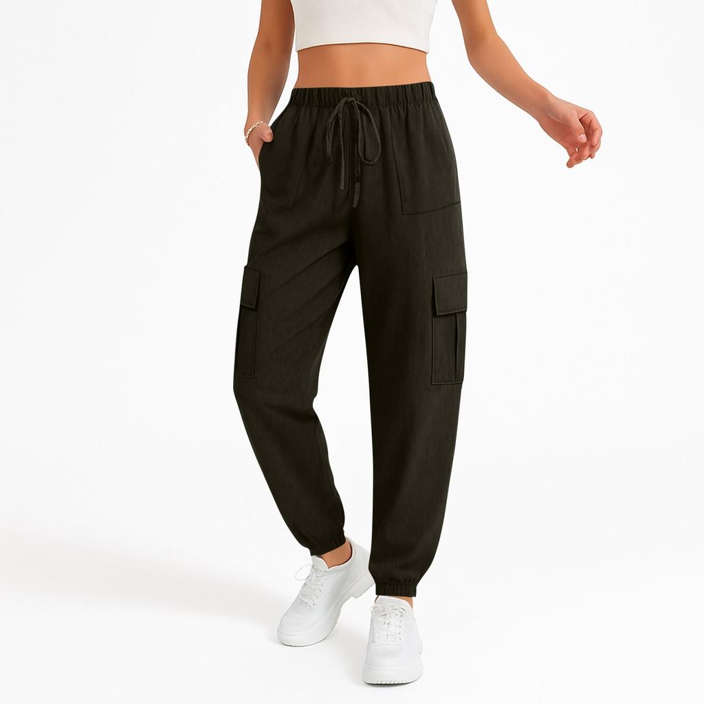 Women's Fashionable Solid Color Elastic Waist Pocket Versatile Casual Work Pants