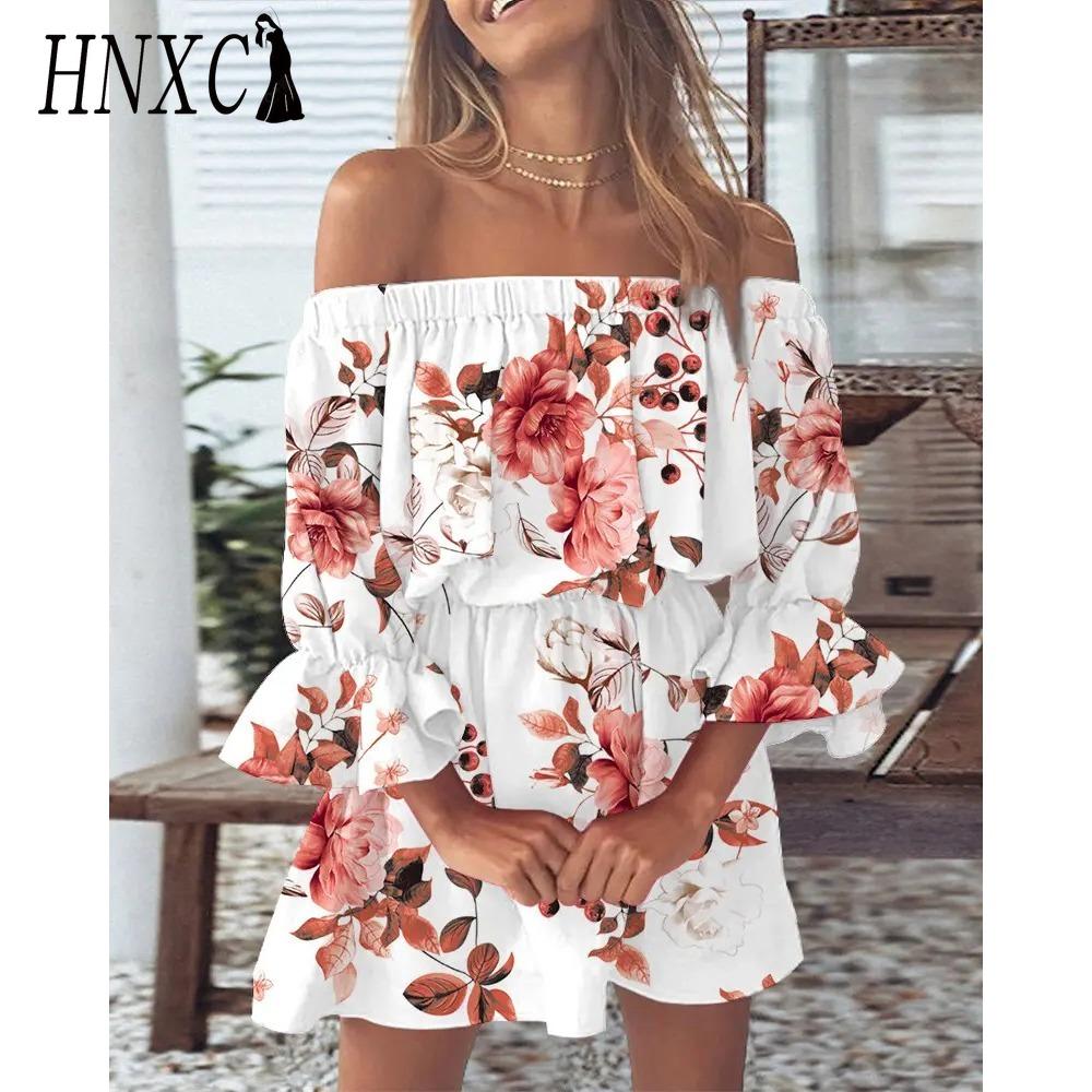 

HNXC Жіноча міні-сукня з квітковим принтом, літня, сексуальна, з відкритими плечима, з розкльошеними рукавами, туніка, жіноча, повсякденна, бохо, пляжна сукня S слонова кістка