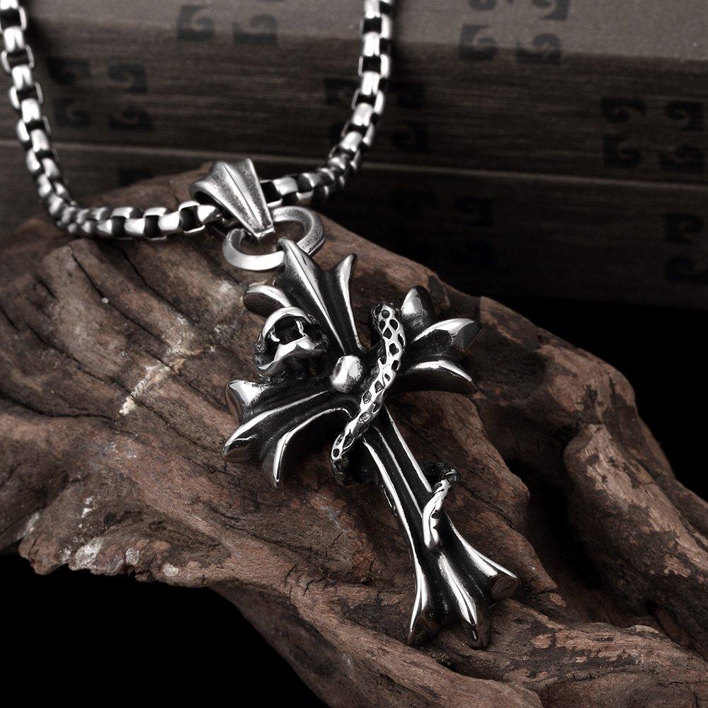 Rockyu Popular Brand Cross Necklace for Men, Stainless Steel, Antique Cross Pendant with Snake and Black Cross and Skull Design