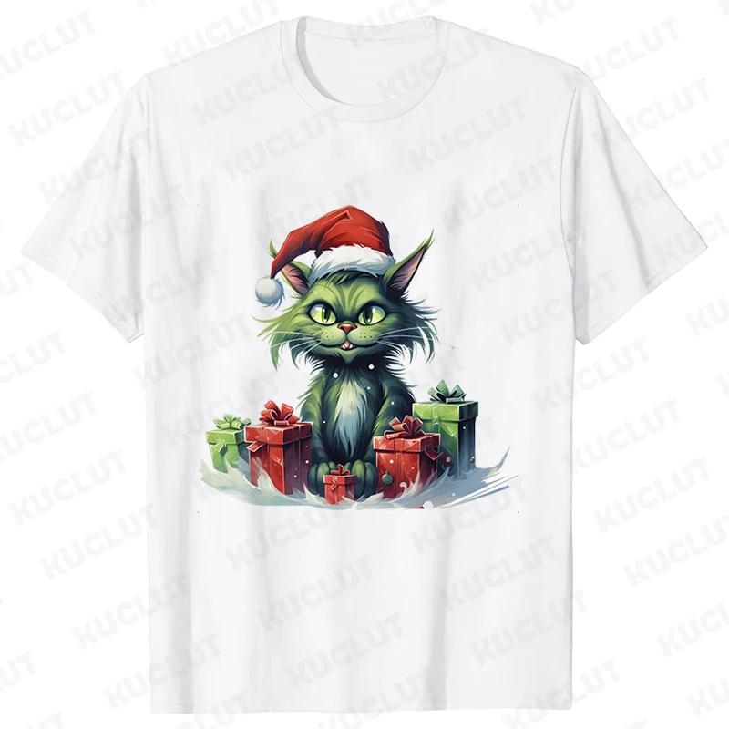 New Year Short Sleeve Tshirt Cute Cat Print Tops Fashion Xmas Unisex Tees Shirt Trend Graphic Christmas Male Oversized Clothing