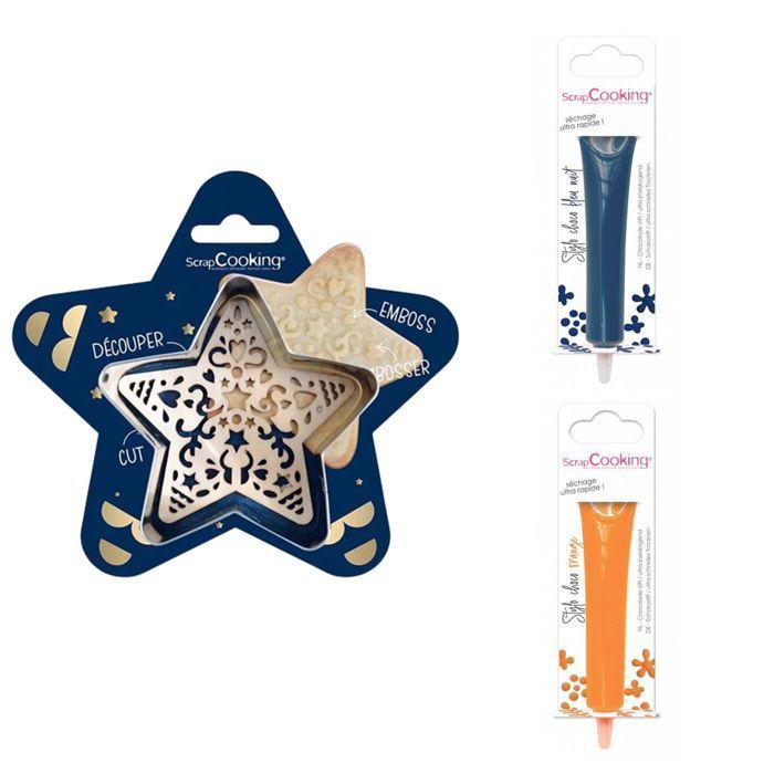 Kit pour biscuit en relief Étoile + 2 Stylos au chocolat bleu nuit et orange