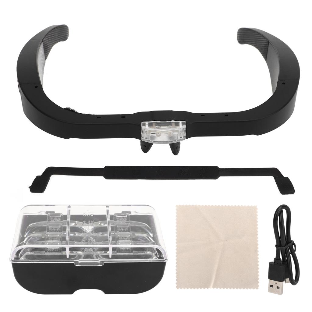 Headband Magnifying Glass Adjustable LED White Light 4 Interchangeable Lenses Head Mount Magnifier