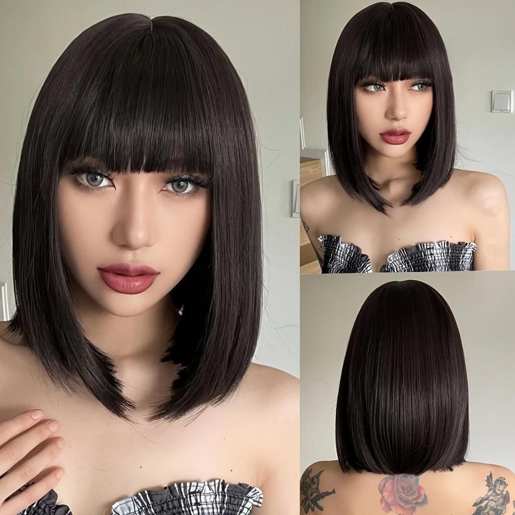 Tmavě hnědá Bob paruka s ofinou Krátké brunetové paruky pro ženy Syntetické Bob paruky na cosplay party 12 palcové