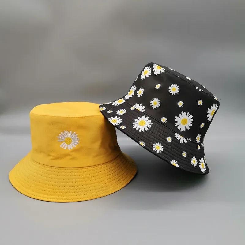 Fashion Fresh Double-sided Daisy Embroidery Summer Daisies Bucket Hat Unisex Fashion Cotton Beach Sun Floral Hat Fisherman Hat