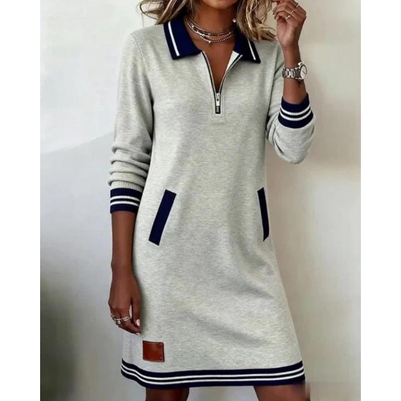 Women S Casual Long Sleeve Turn Down Collar Color Block Dress With Zipper Pocket