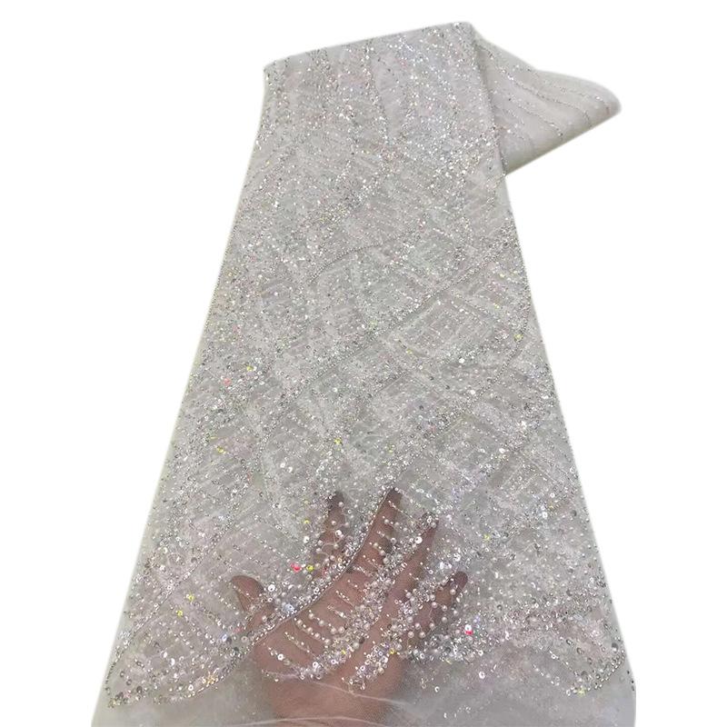 1 yard Mesh Lace Fabric With Bead Sequin Chain Stitch Embroidery for Dance Wedding Dress Patchwork Material Tulle Fabric Golden