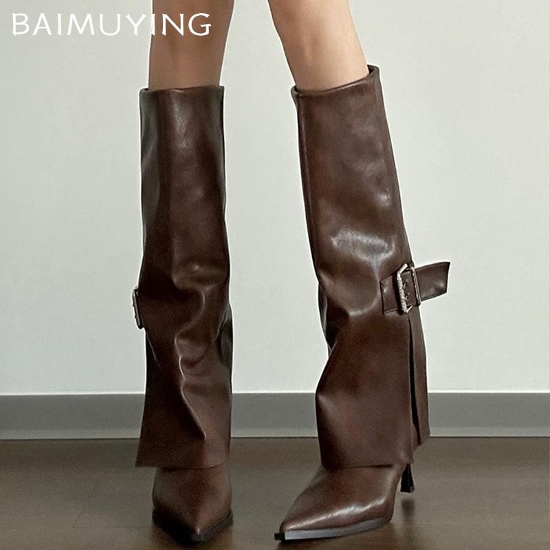 Pointed Toe Women High Boots Leather Fad Sexy High Heels Shoes 2025 Trend Designer Buckle Pumps Knee High Winter Botas De Mujer