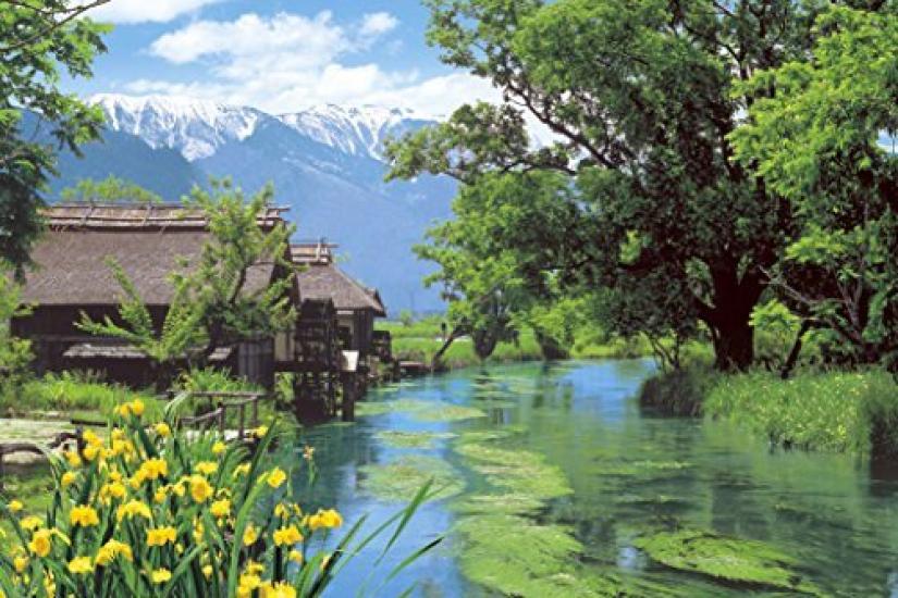 Epoch Jigsaw Japanese Azumino Watermill Nagano Includes and Score Ticket 1000-Piece Puzzle Landscape - (50x75cm) 10-782, Glue, Spatula,