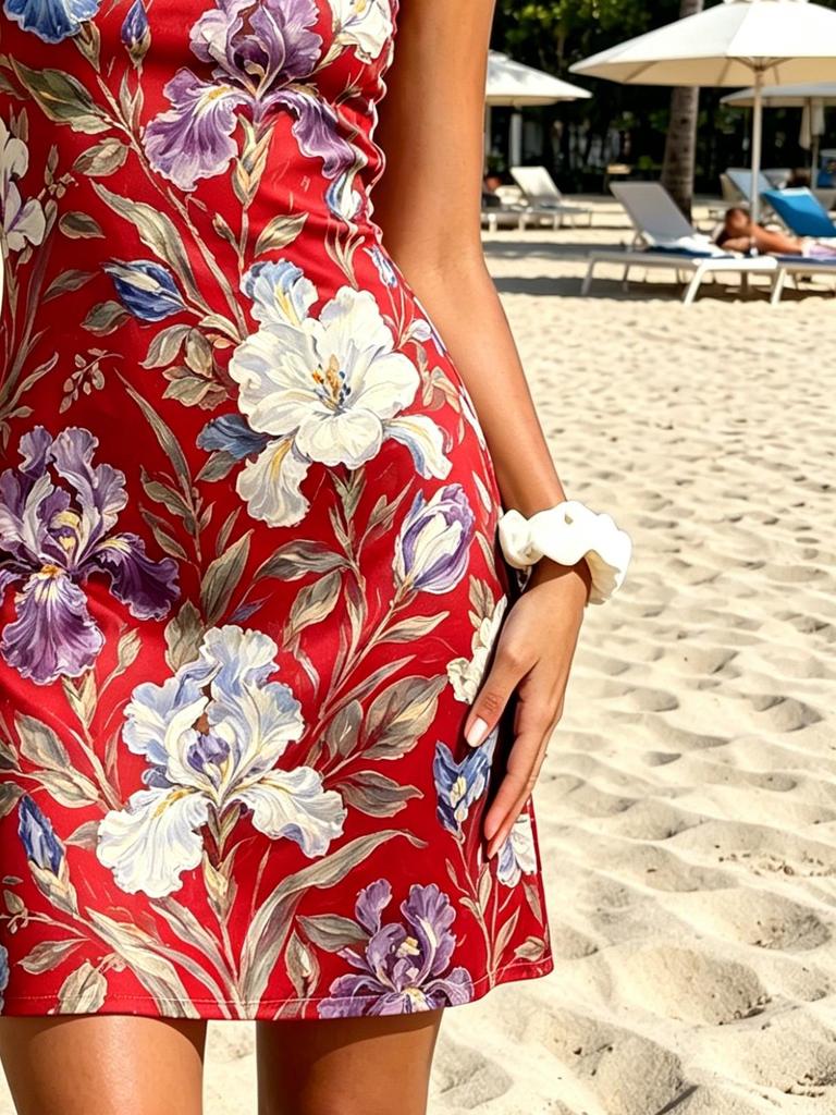 2026 Summer One Shoulder Iris Floral Print Mini Dress, Red Slim Bodycon Beach Sundress