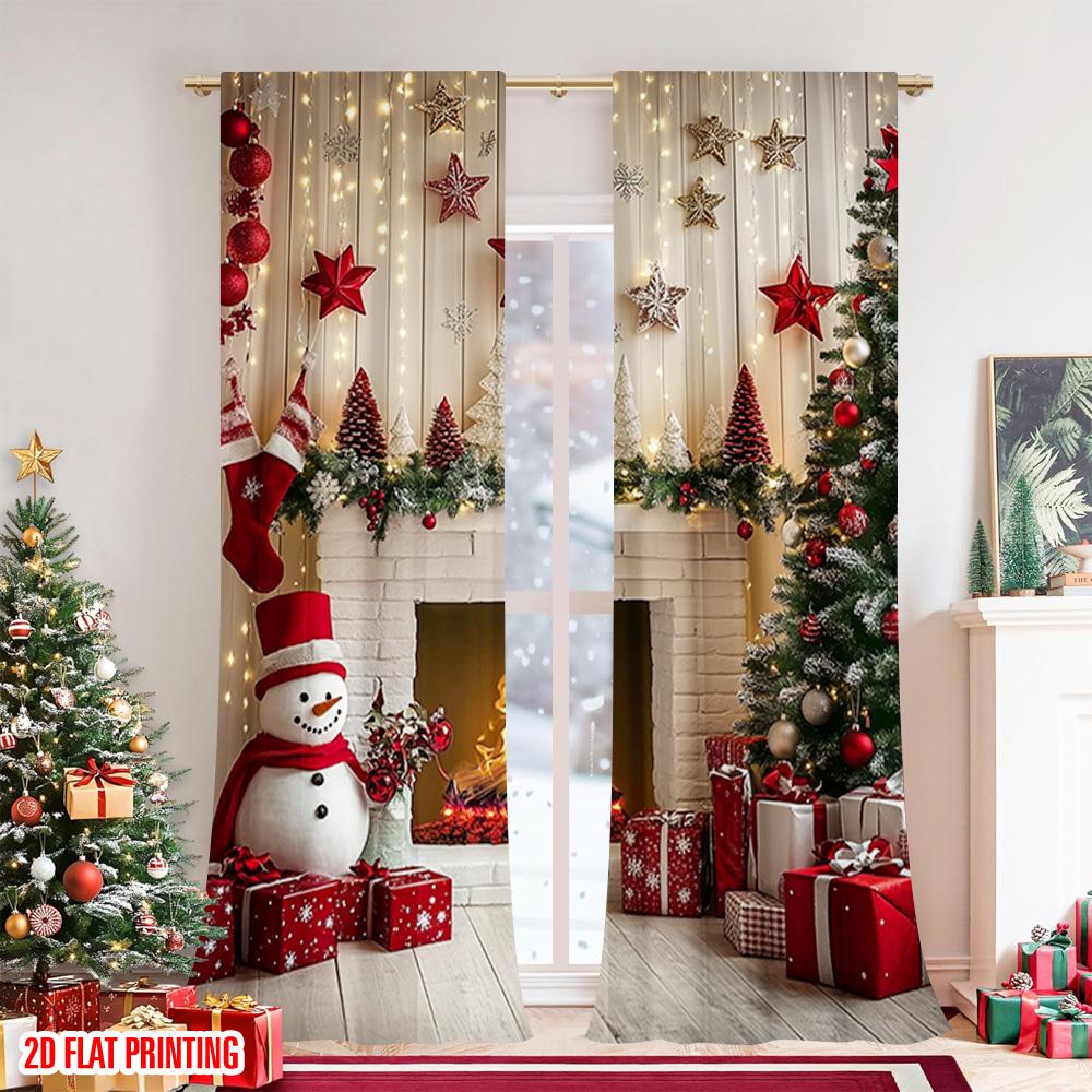 Flachdruck Weihnachts-Fenstervorhänge Schneemann Kamin Polyester Ohne Strom Festliches Feiertags-Vorhang-Set aus 2 Stück Waschbar