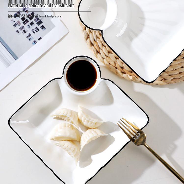 Compartmented Ceramic Dumpling Plate with Vinegar Dipping Dish
